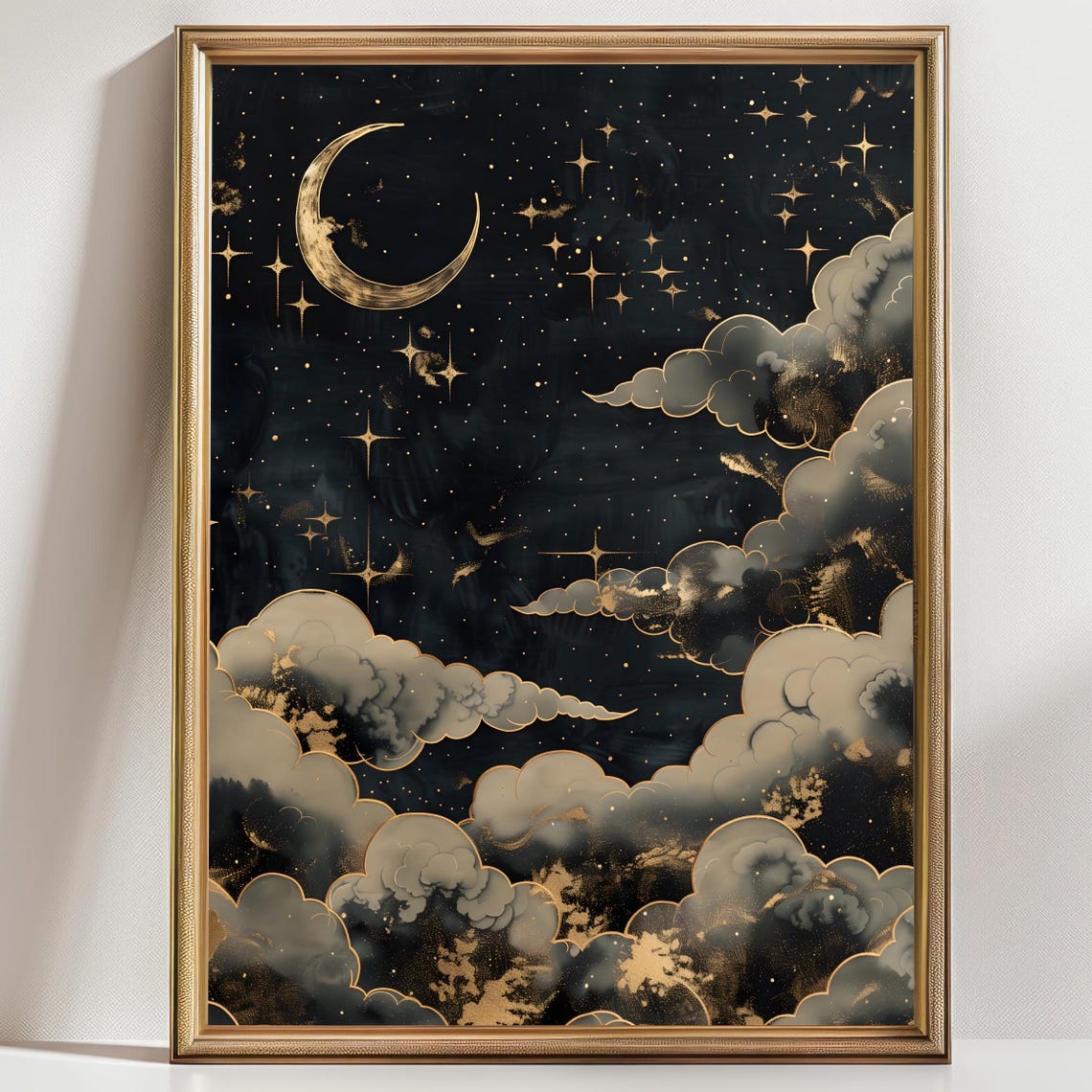 Golden Crescent Moon And Stars Black Night Sky Celestial Art Print