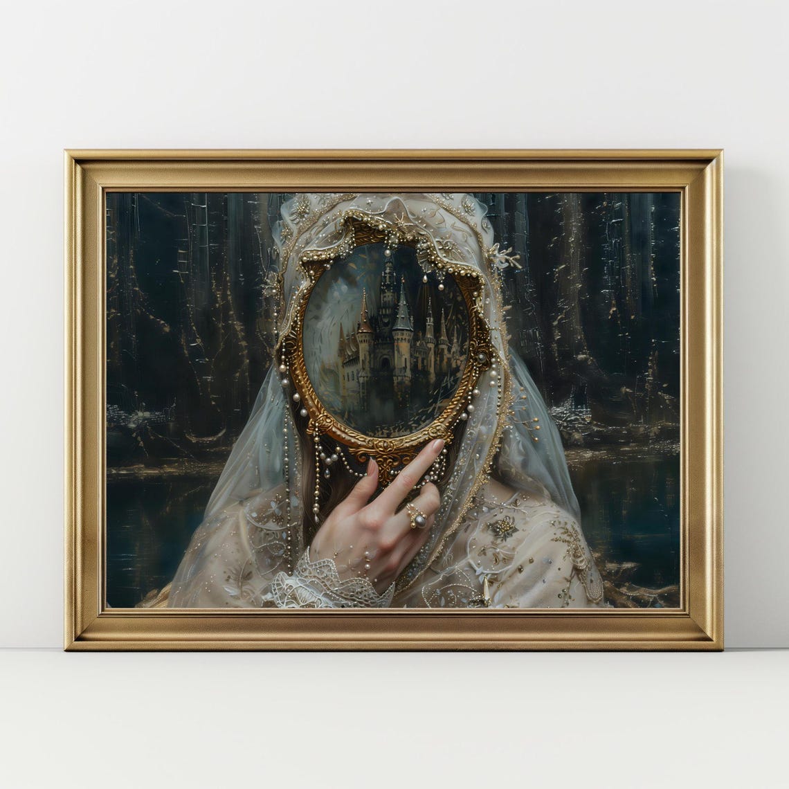 Veiled Woman Castle Mirror Vintage Lace Dark Moody Art Poster - Image 2
