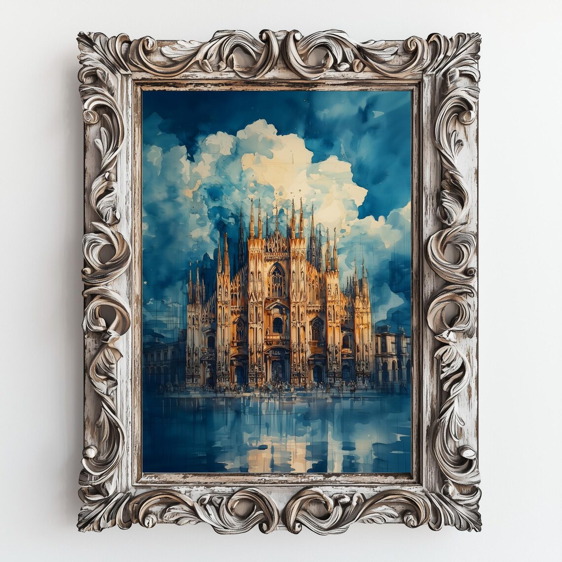 Milan Cathedral Golden Facade Blue Watercolor Italy Travel Poster - Image 2