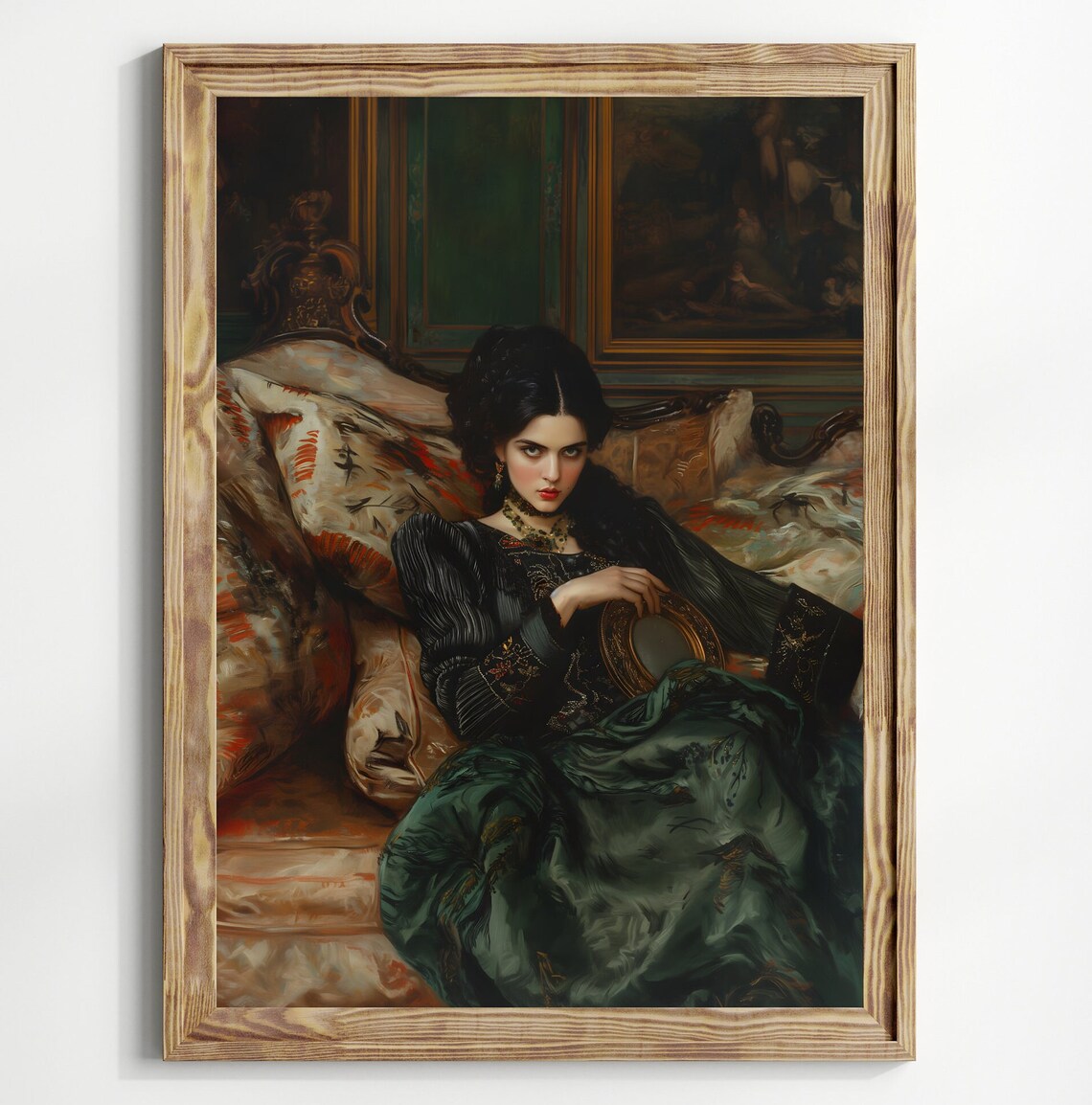 Victorian Woman Green Gown Hand Mirror Dark Romance Portrait Poster - Image 2