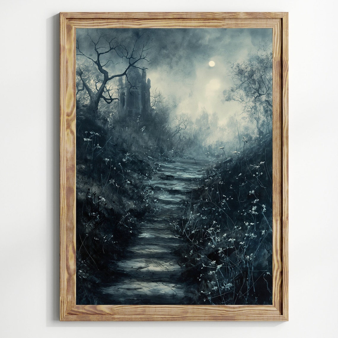 Haunted Castle Path Under Full Moon Foggy Dark Trees Gothic Art Print - Image 3