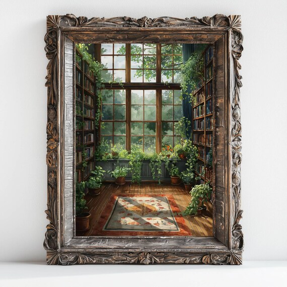 Dark Academia Library And Plants Art Print Moody Enchanting Literature Dark Romantic Victorian Vintage Library Foliage Nostalgic Art