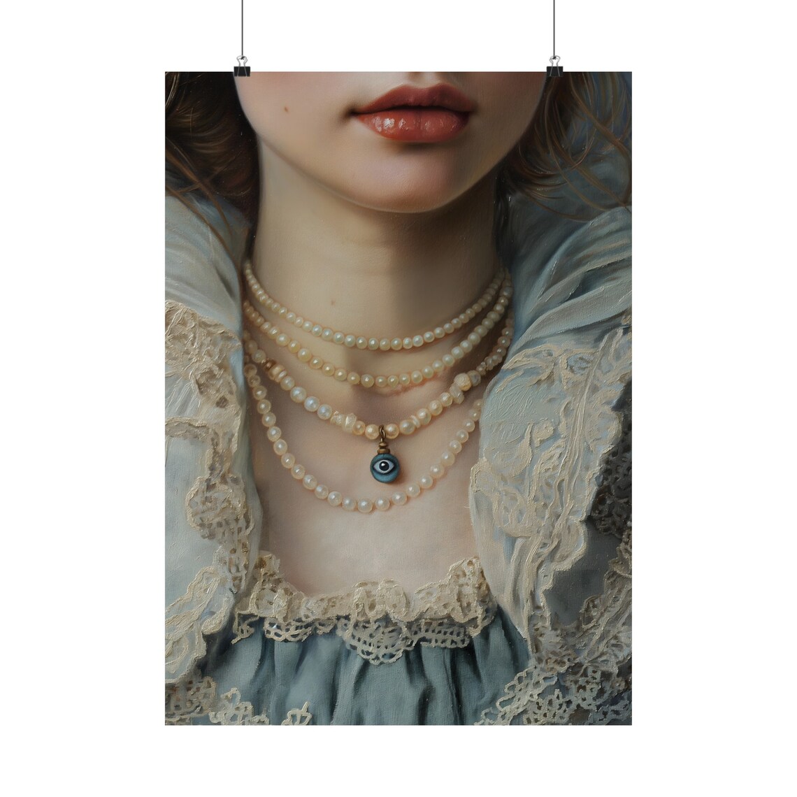 Woman Pearl Necklaces Evil Eye Pendant Moody Victorian Close-Up Wall Poster - Image 4