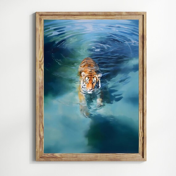 Tiger Swimming Turquoise Water Top View Blue Watercolor Art Print