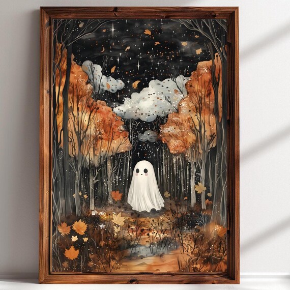 Cute Ghost In Autumn Forest Night Stars Falling Leaves Whimsical Poster