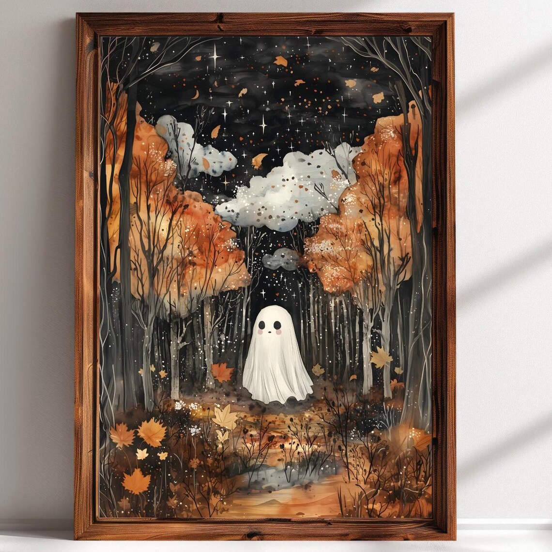 Cute Ghost In Autumn Forest Night Stars Falling Leaves Whimsical Poster