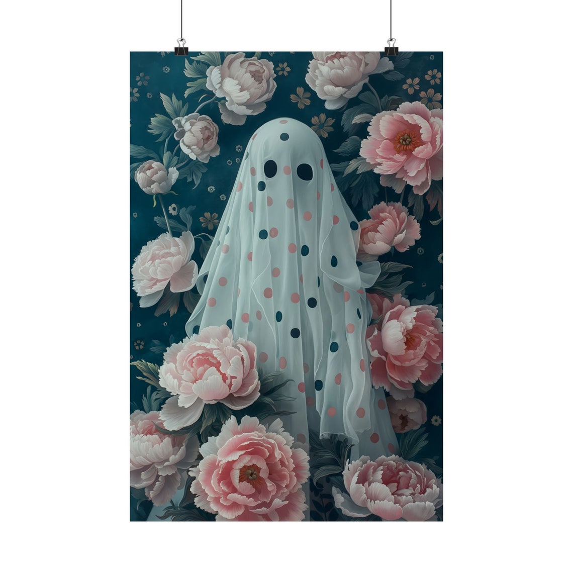 Polka Dot Ghost Among Pink Peonies Cute Floral Halloween Art Print - Image 3