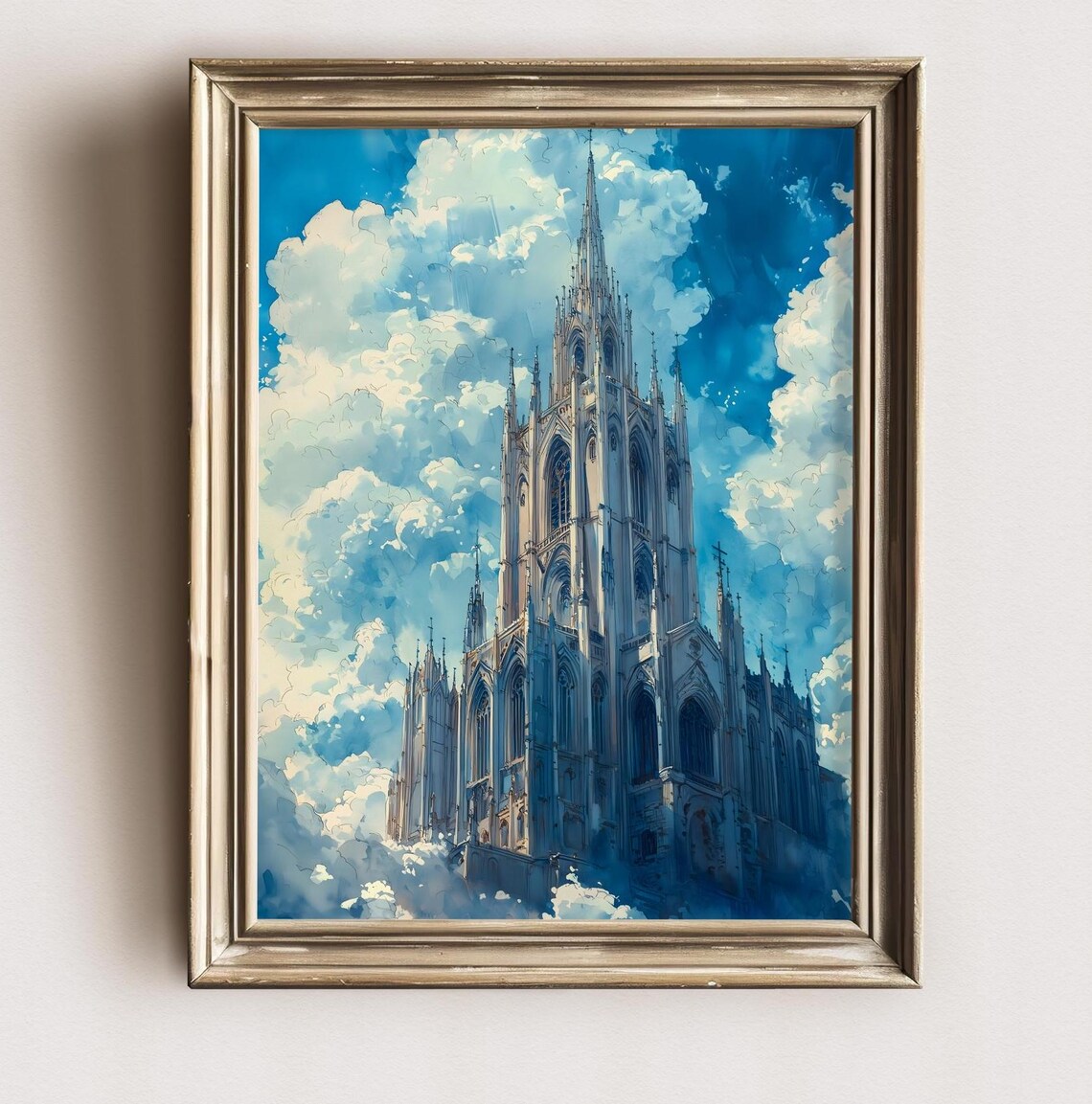 Tall Gothic Cathedral Tower Rising Into Dramatic Clouds Watercolor Poster - Image 2