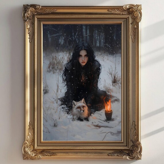 Victorian Woman With Fox Painting Snowy Forestcore Art Moody Fox Print Goblincore Nature Art Cottagecore Wall Art Goblincore Decor