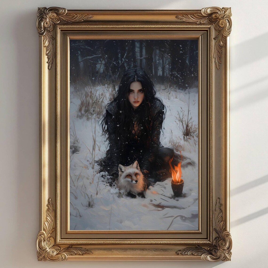 Victorian Woman White Fox Snowy Forest Candlelight Gothic Print