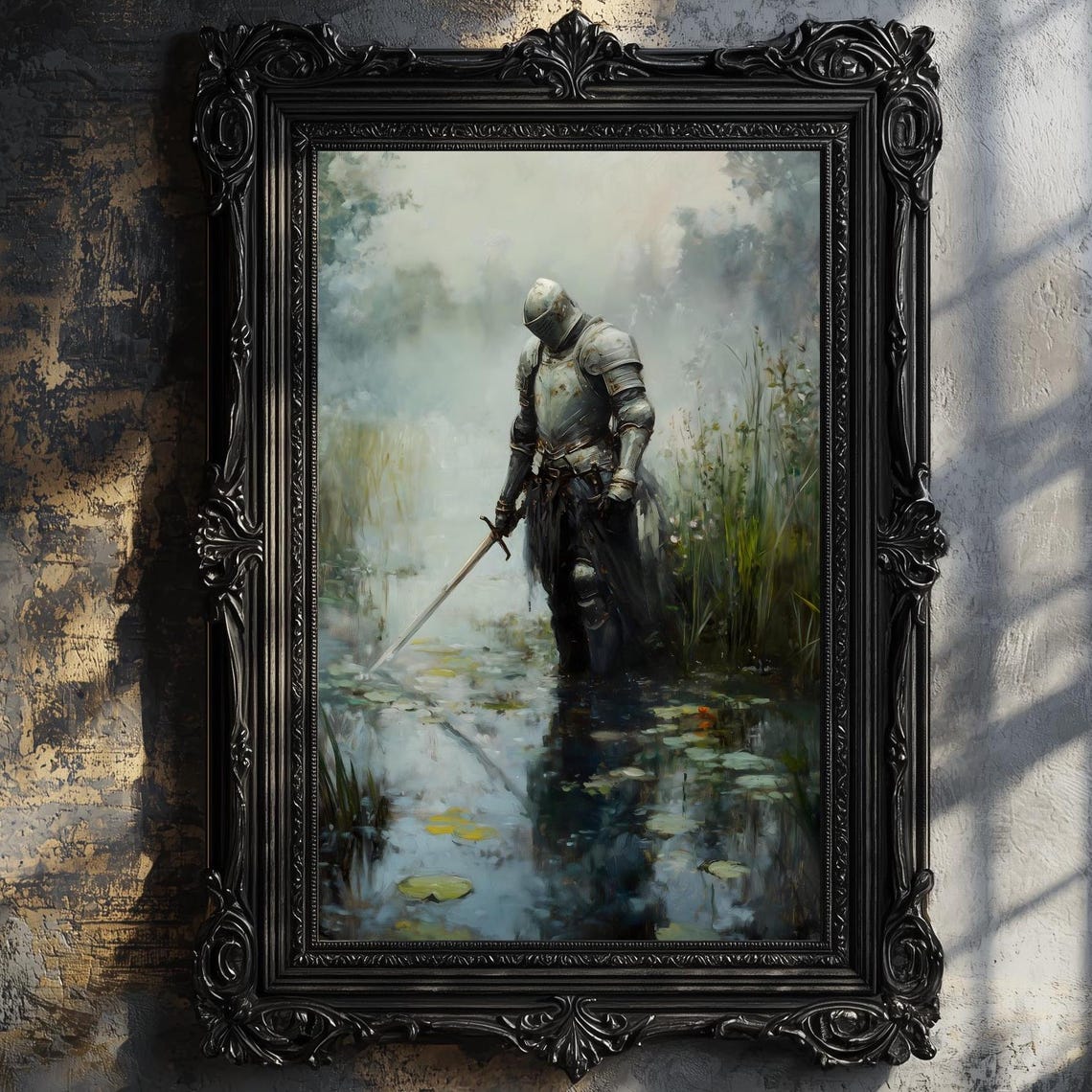 Medieval Knight In Misty Pond Armor Sword Moody Gothic Art Poster