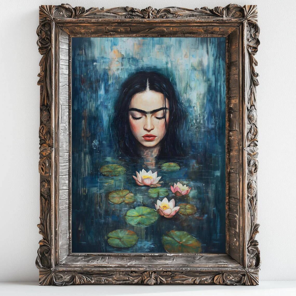 Frieda Woman Face Blue Water Lilies Dark Lake Oil Painting Art Print - Image 3