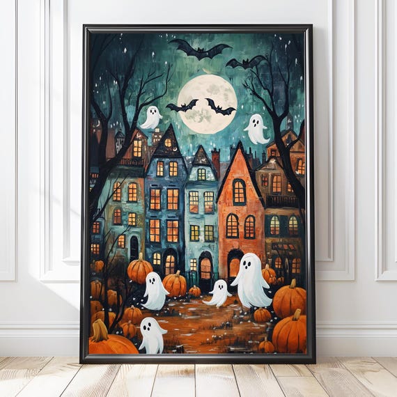 Halloween Town Folk Art Ghost and Pumpkin Poster