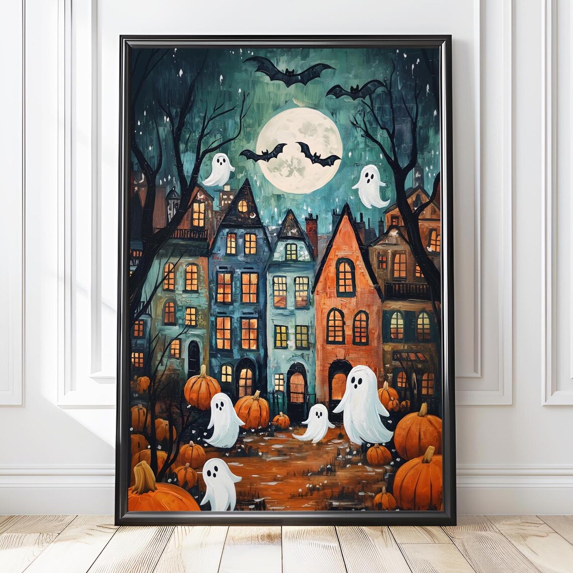 Halloween Town Folk Art Ghost and Pumpkin Poster