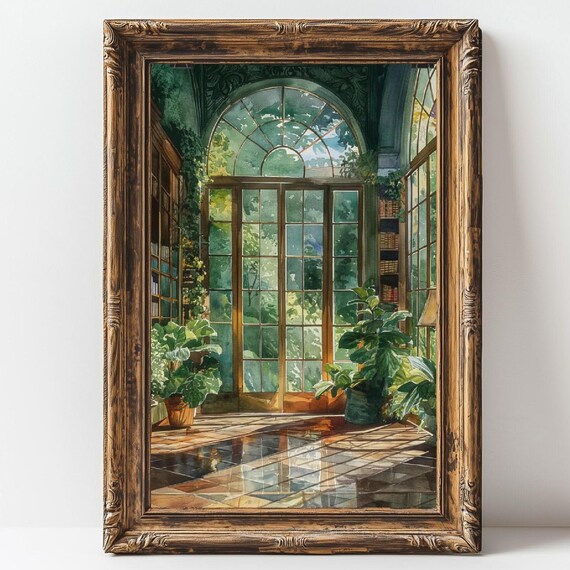 Greenhouse Library Conservatory Watercolor Sunlit Arched Windows Bookish Print
