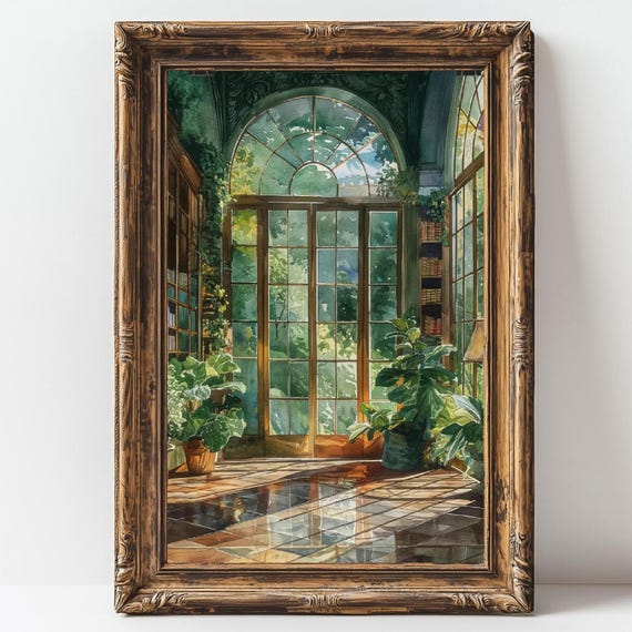 Vintage Library Poster Greenhouse Library Reading Book Lovers Gift Antique Wall Art Retro Book Lovers Art Library Art Gift Idea