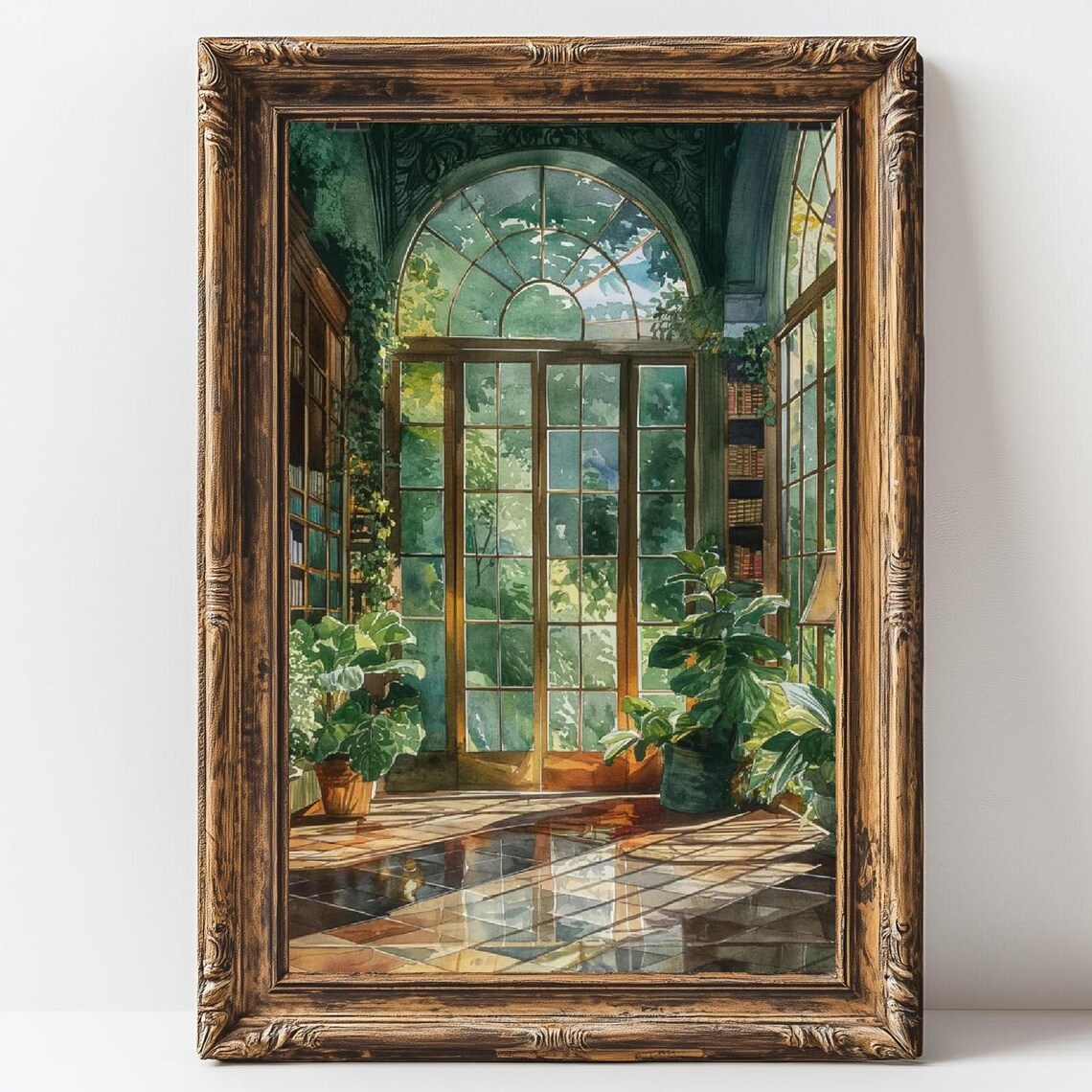 Greenhouse Library Conservatory Watercolor Sunlit Arched Windows Bookish Print