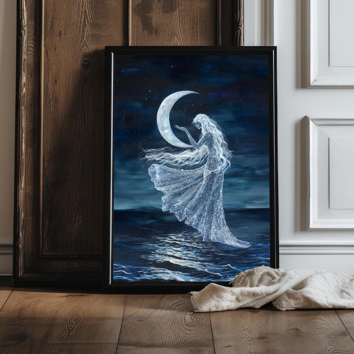 Selene Goddess Of The Moon Crescent Night Starry Ocean Art Poster - Image 2