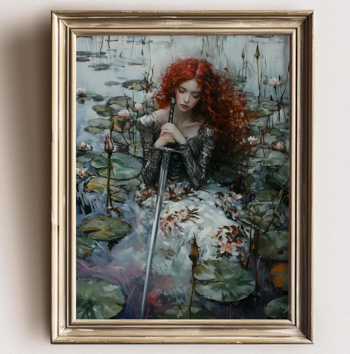 Red Haired Armored Woman With Sword in Lily Pond Fantasy Art Print - Image 2