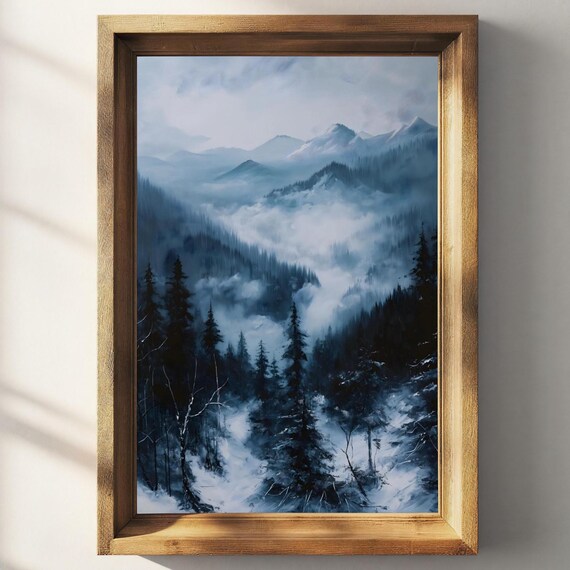 Moody Mountains Forest Painting Winter Landscape Wall Art Decor Moody Print Painting Dark Art Mountain Print House Decor Winter Wall Art