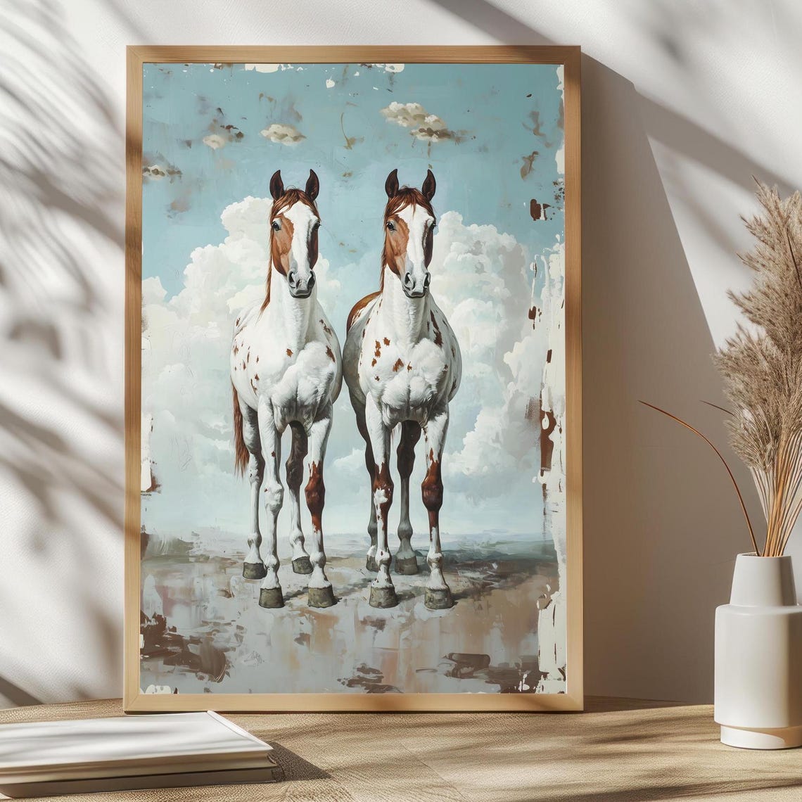 Two Pinto Horses Cloudy Sky Vintage Equestrian Oil Painting Art Print