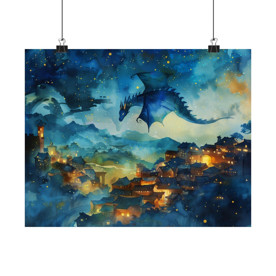 Blue Dragon Watercolor Art Poster, Dark Academia - Image 2