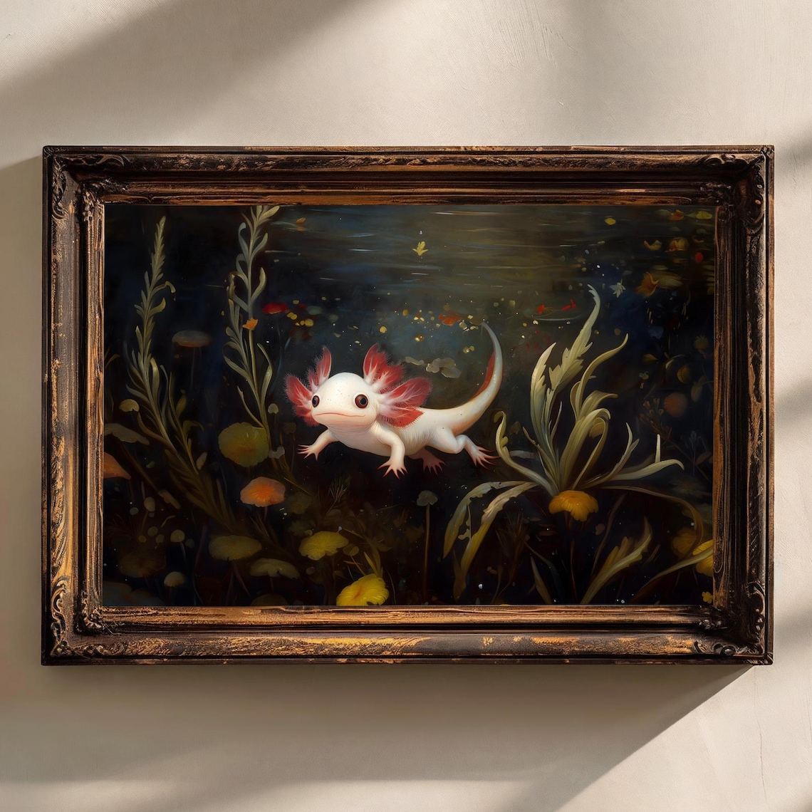 Axolotl Goth Waterdragon Art Print, Dark Academia