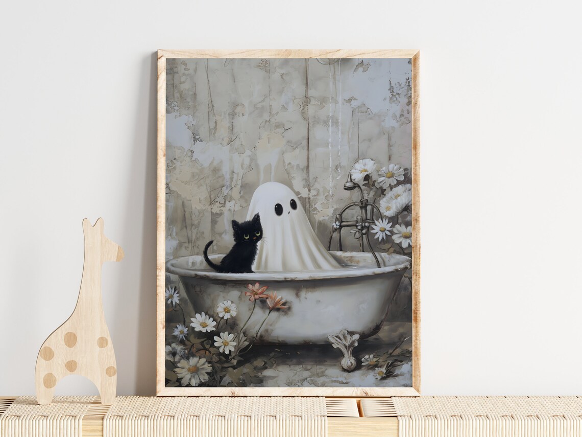 Ghost And Black Cat In Clawfoot Bathtub Daisies Whimsigoth Art Poster - Image 2