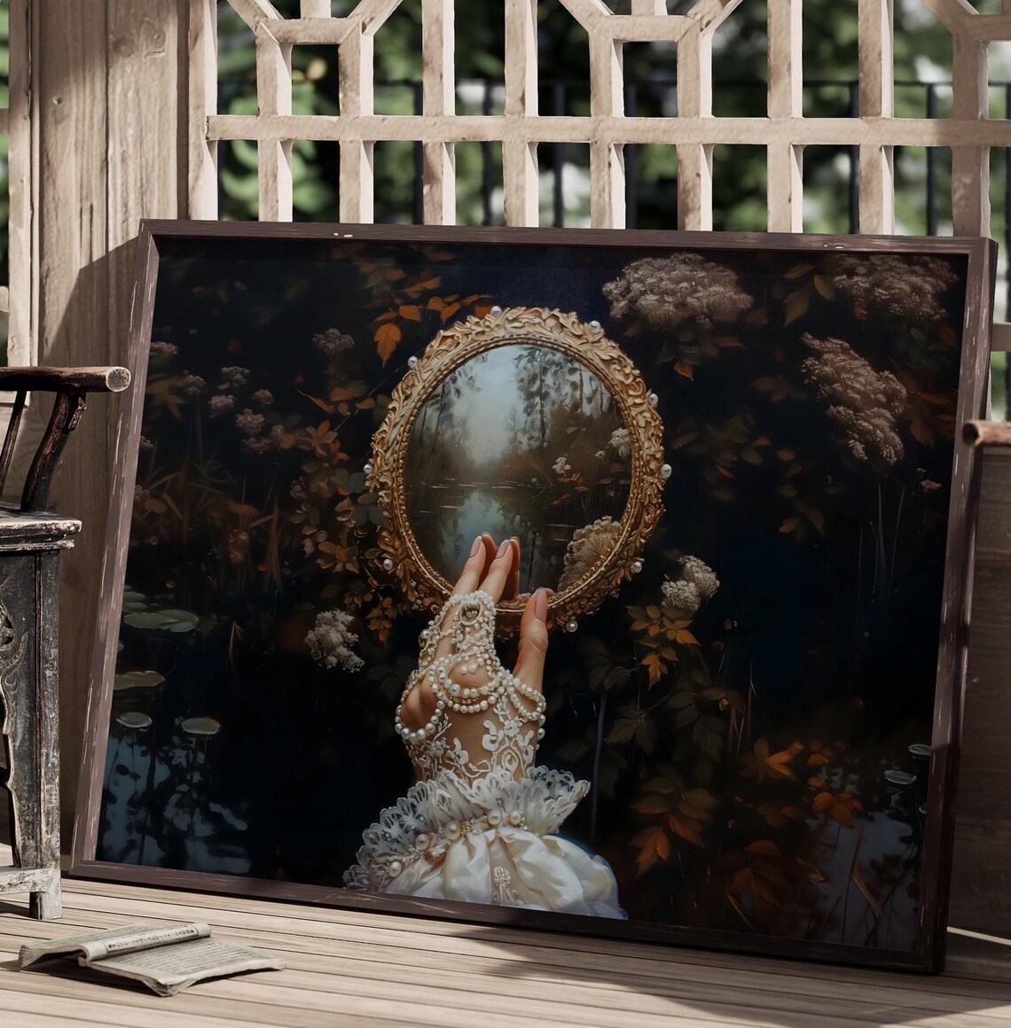 Pearl Gloved Hand Holding Ornate Gold Mirror Reflecting Misty Lake Dark Floral Poster