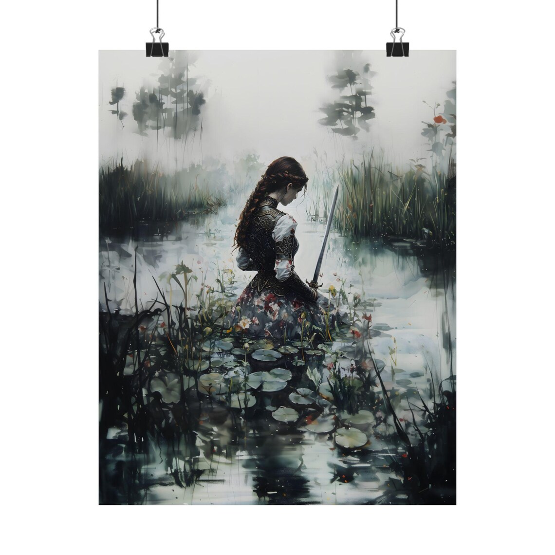 Swordswoman Standing In Misty Lily Pond Lady Of The Lake Fantasy Art Poster - Image 2