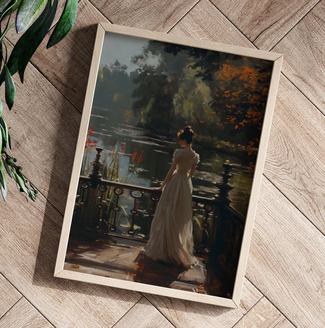 Victorian Woman White Gown Terrace Overlooking Misty Autumn Lake Print - Image 2