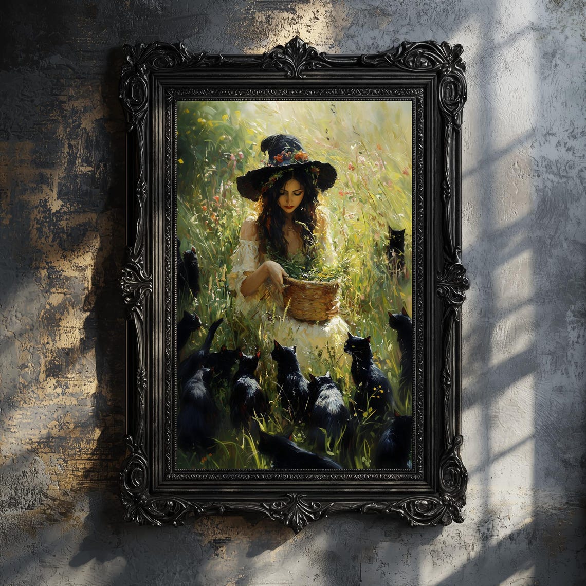 Witch Gathering Herbs In Meadow Surrounded By Black Cats Art Poster - Image 2