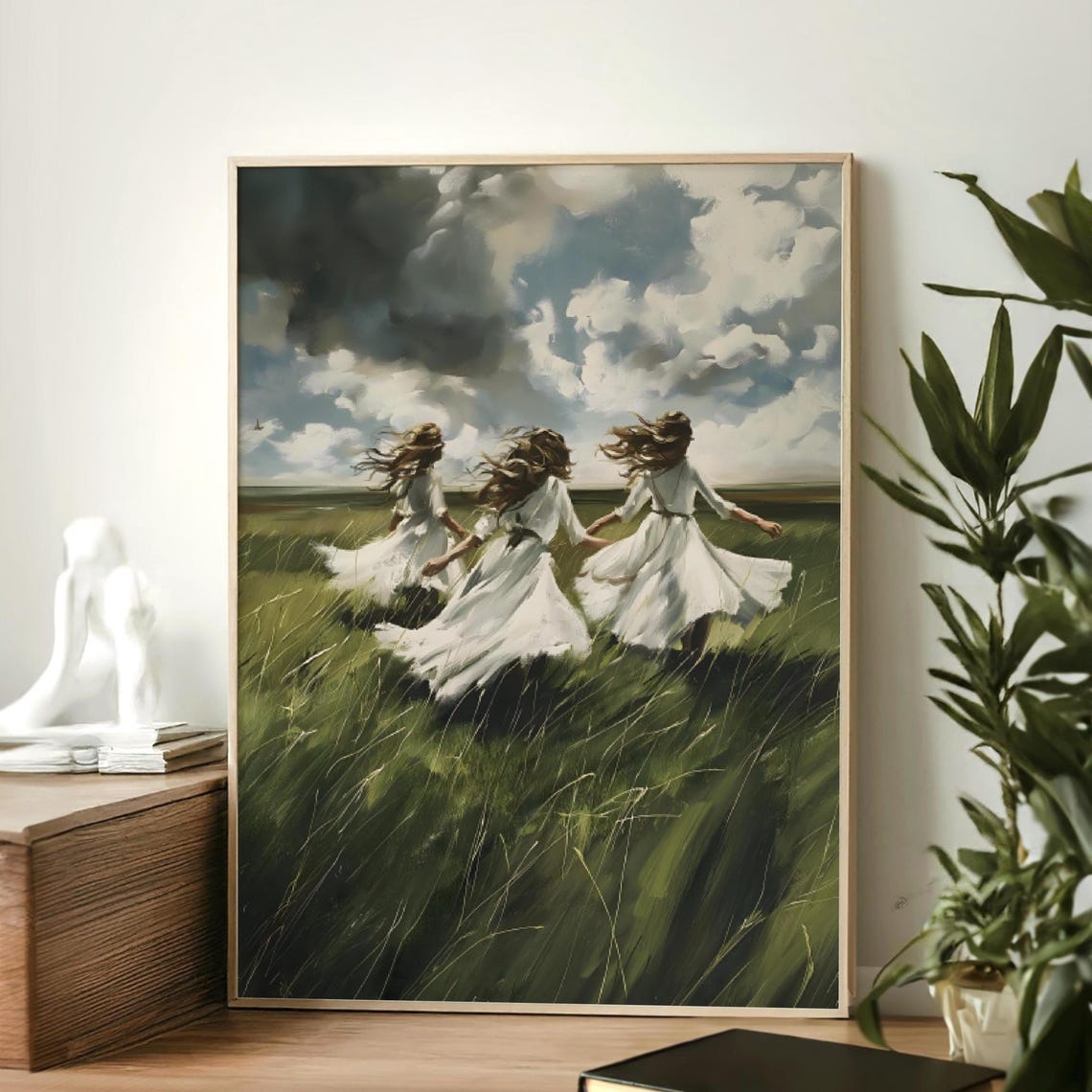 Three Women Running Through Green Field Under Storm Clouds Poster - Image 3
