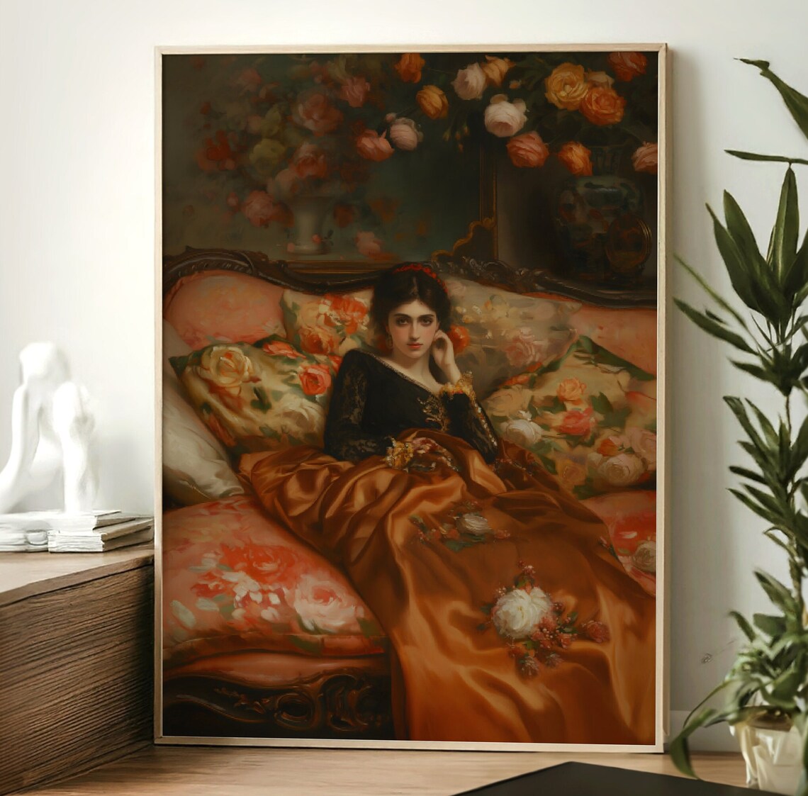 Dark Haired Woman Reclining On Floral Couch In Orange Silk Moody Portrait Art Poster - Image 2