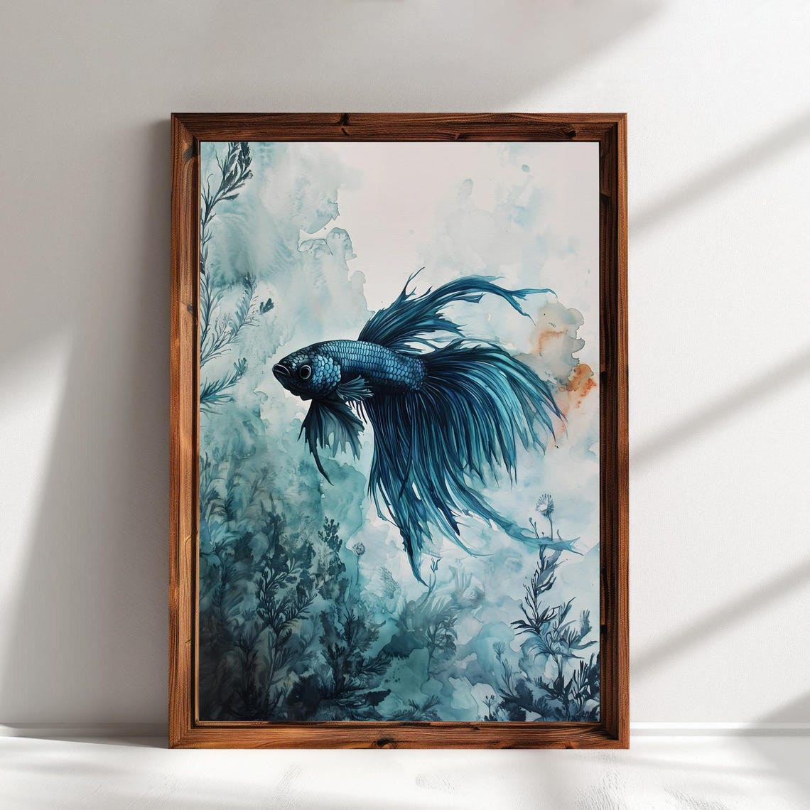 Deep Blue Betta Fish Flowing Fins Pale Blue Watercolor Aquarium Print - Image 2