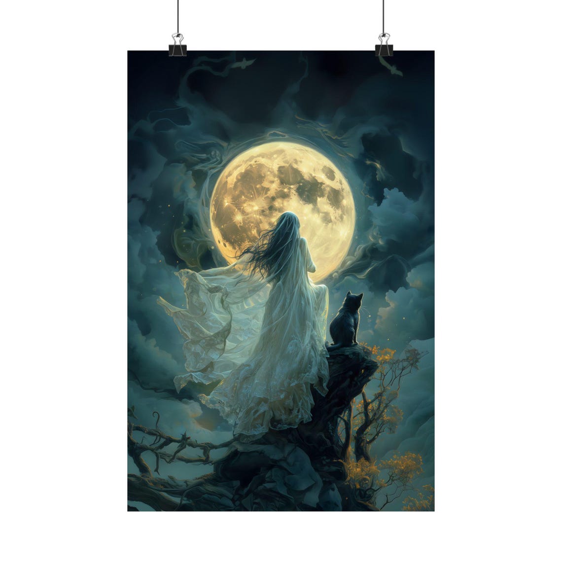 Ghostly Woman Black Cat Full Moon Clouds Romantic Spooky Night Poster - Image 2