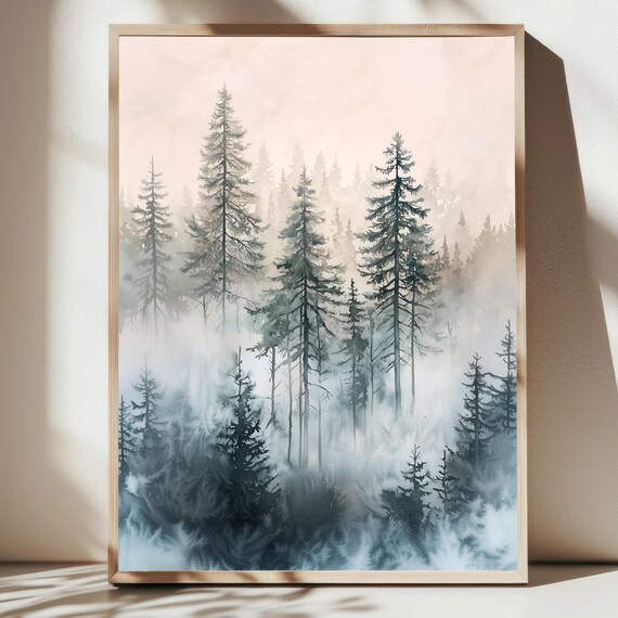 Pine Tree Forest Print Moody Foggy Landscape Vintage Pine Tree Forest Winter Landscape Print Misty Forest Fall Rustic Cabin Wall Decor