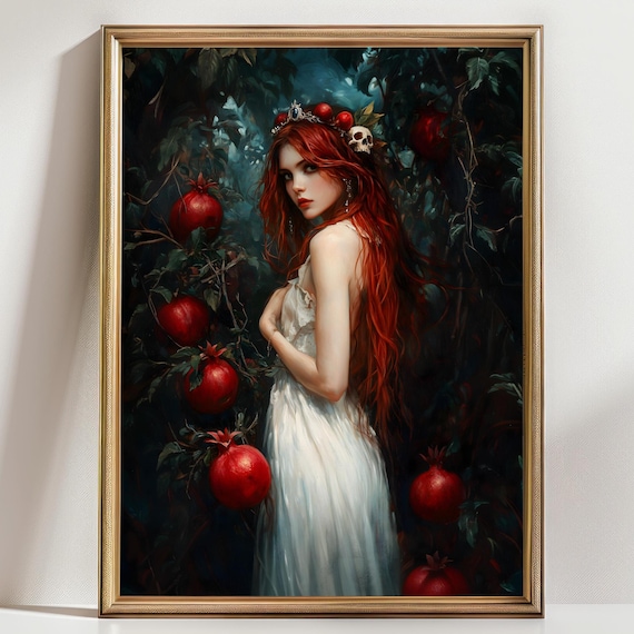 Persephone With Pomegranate Wall Art Dark Academia Decor Victorian Moody Wall Art Cottagecore Greek Goddess Greek Mythology Art Floral