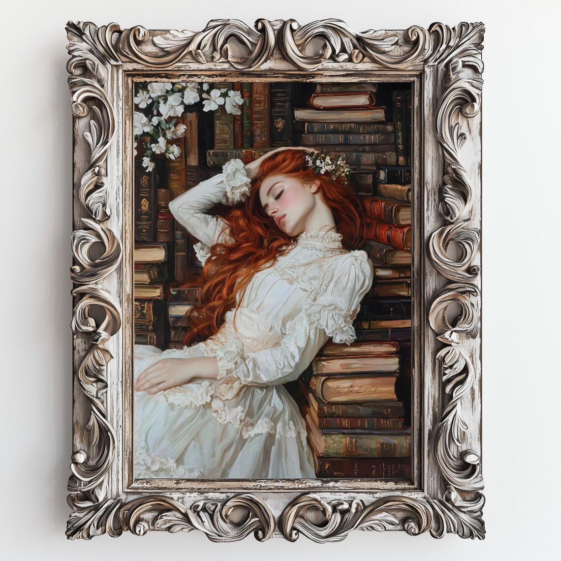 Red Haired Bookish Girl Sleeping Among Vintage Books Library Art Poster