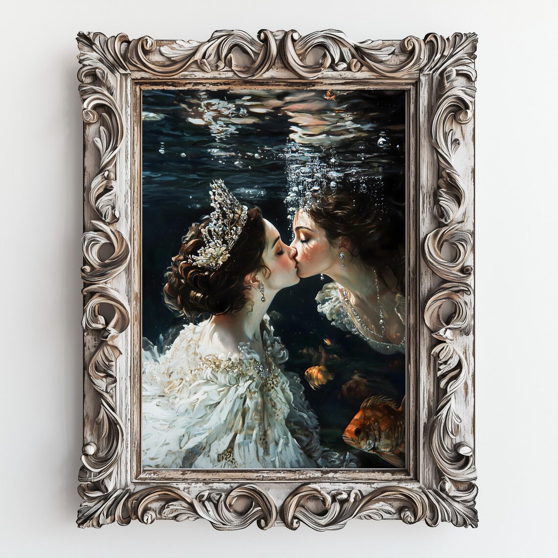 Crowned Queens Kissing Underwater White Lace Gowns Dark Romantic Gothic Art Poster - Image 2