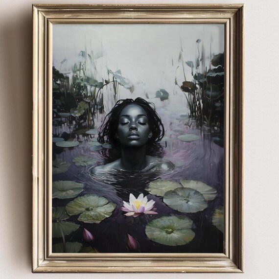 Black Woman Submerged With White Lily in Dark Water Art Print