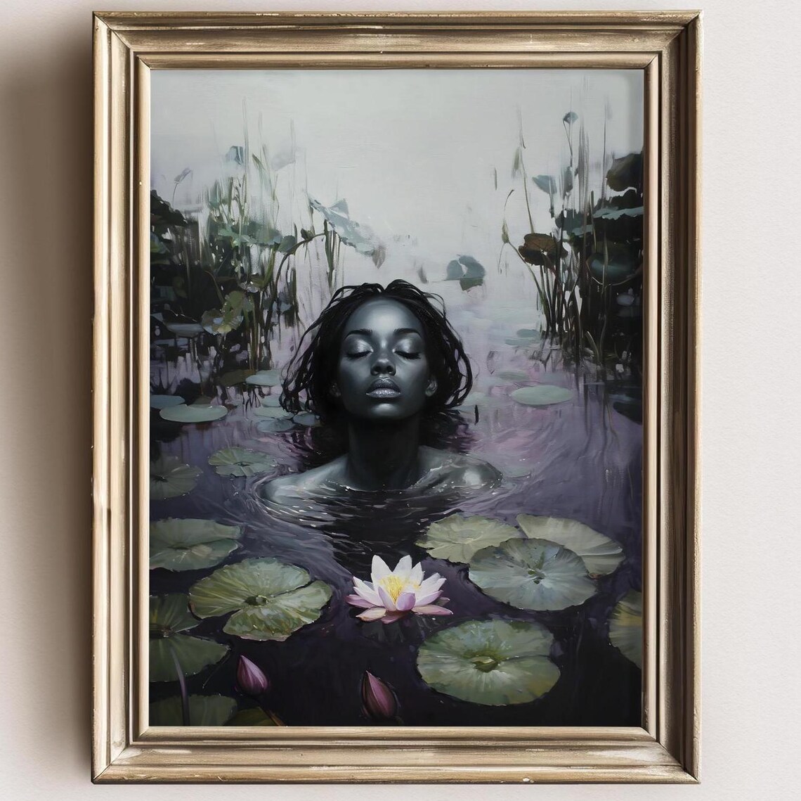 Black Woman Submerged With White Lily in Dark Water Art Print