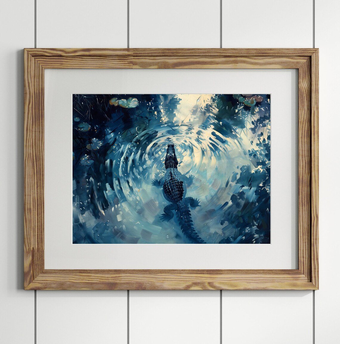 Alligator Swimming In Dark Swamp Water Moody Blue Wildlife Art Poster - Image 3