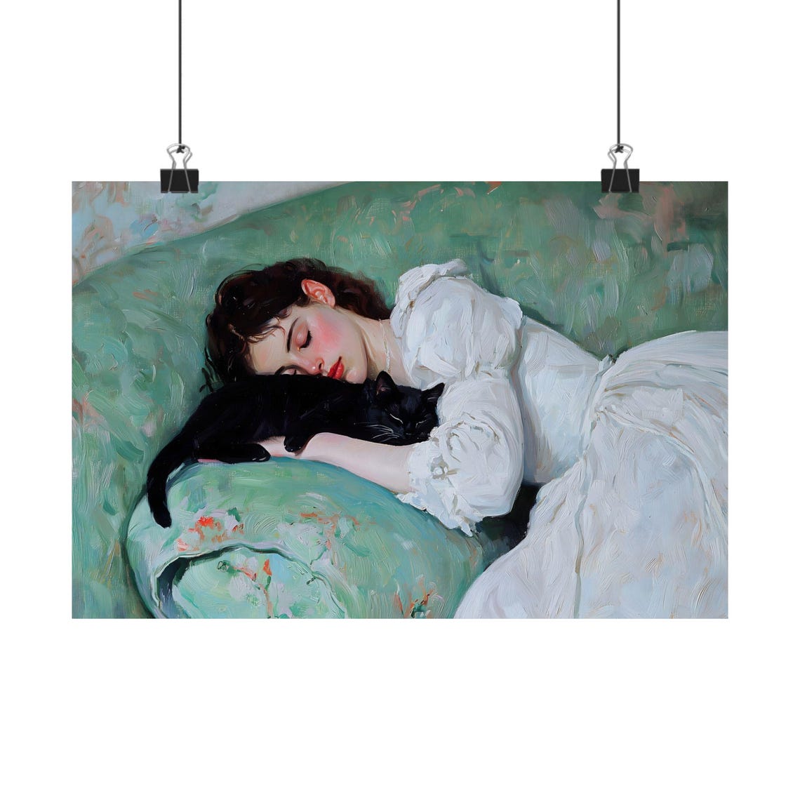 Woman In White Dress Napping With Black Cat Green Couch Painting Print - Image 2