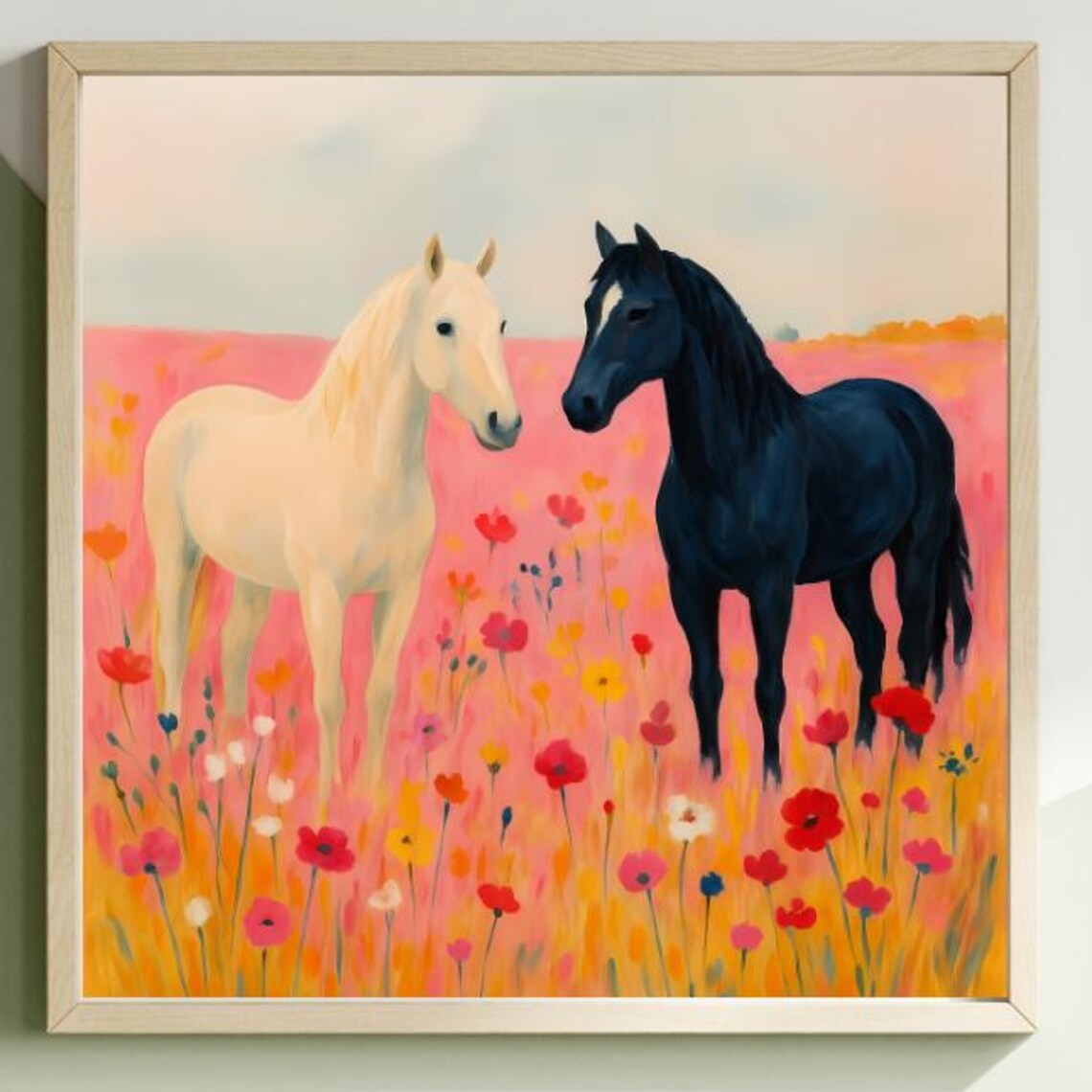 White And Black Horses In Poppy Meadow Painterly Animal Poster