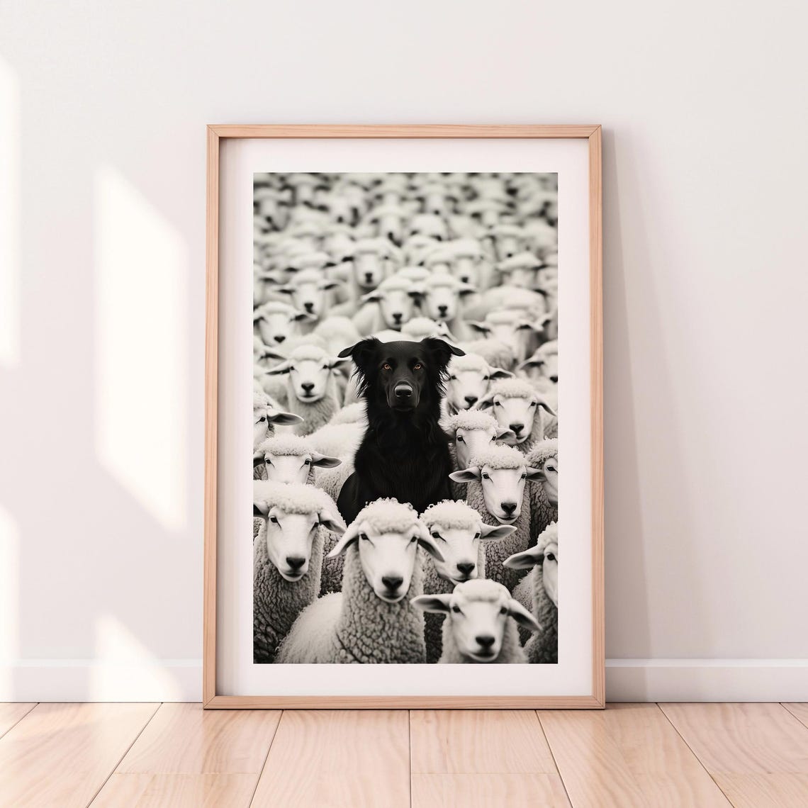 Black Dog Standing Out Among Sheep Black And White Art Print