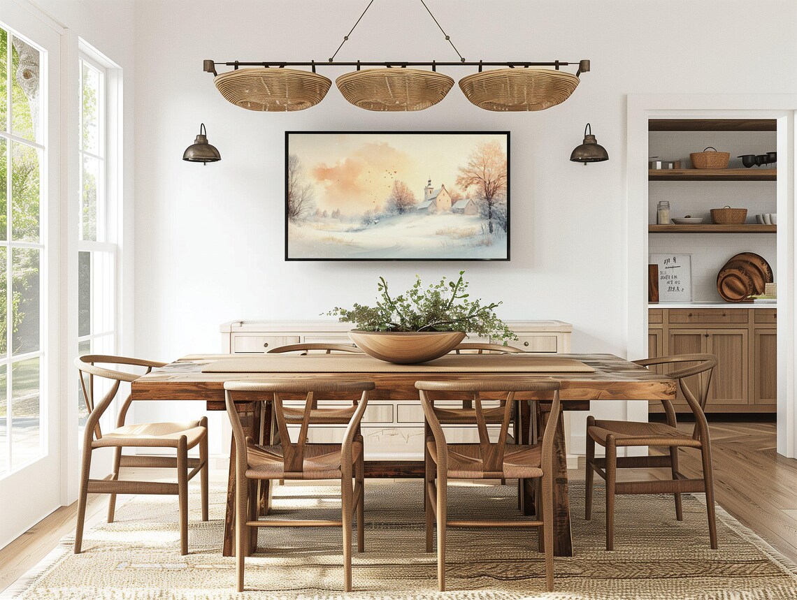Snowy Church Hill Peach Watercolor Sky Floating Hearts Winter Poster - Image 2