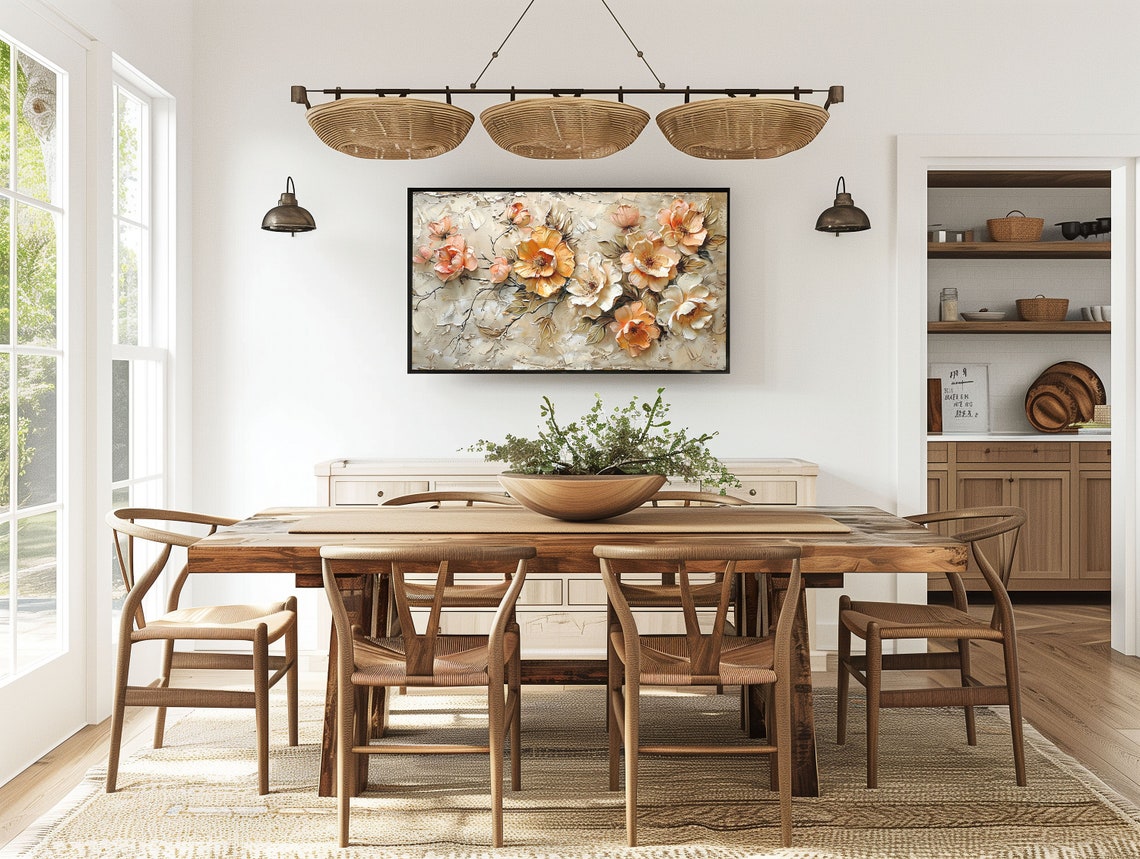 Peach Peony Textured Impasto Floral Cream Beige Botanical Art Poster - Image 3