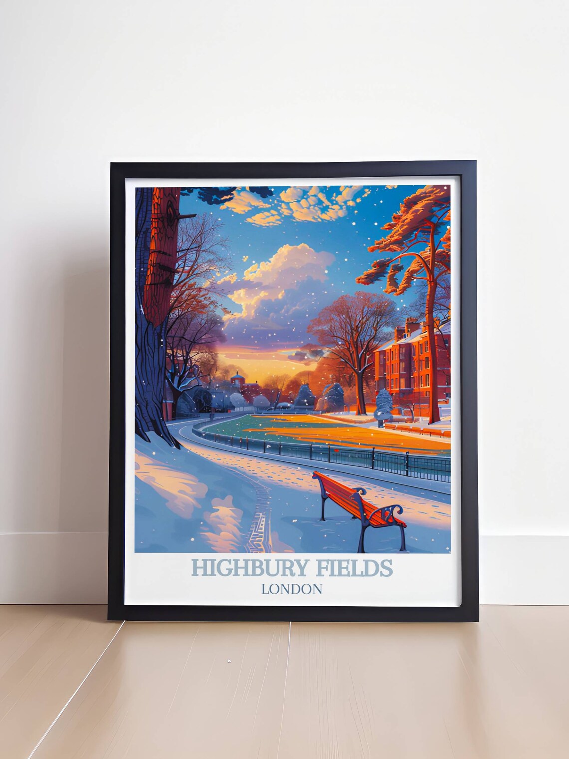 Highbury Fields London Snowy Winter Park Bench Scenery Poster - Image 4
