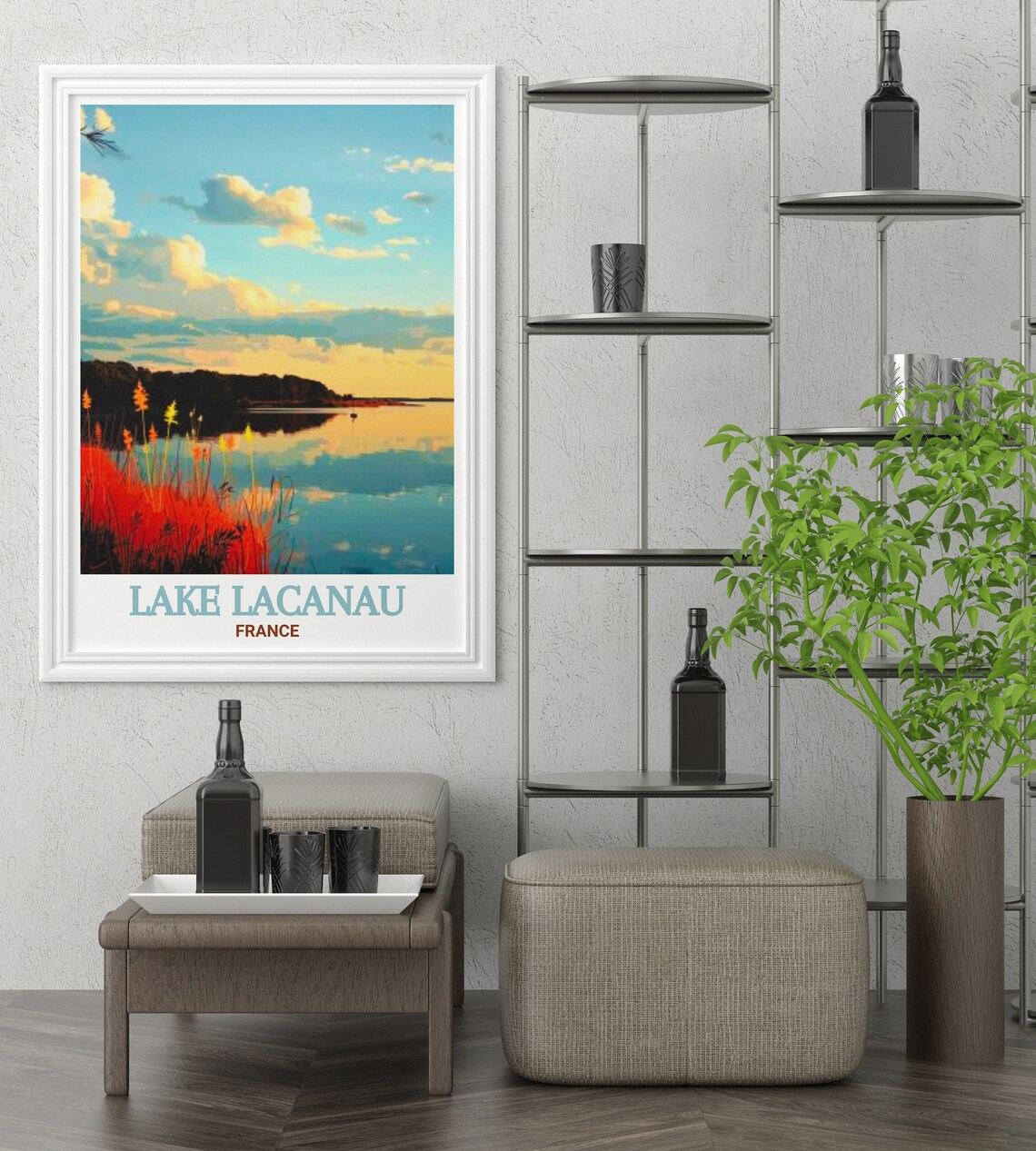 Lake Lacanau Sunset Glow Over Reeds Reflecting in Calm Water Poster - Image 3